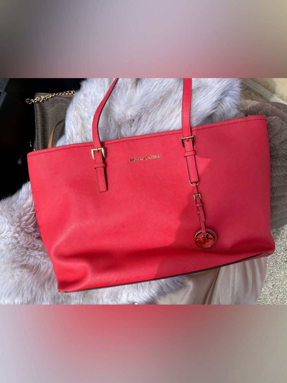 MICHAEL KORS Coral-Red Saffiano Leather Tote with Logo Charm